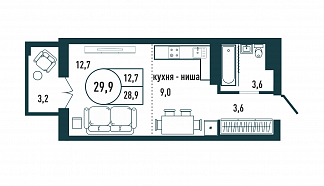 Планировка с размерами 0-комнатной квартиры с номером 118 на 16 этаже, 29.9 кв.м.