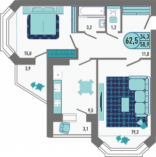 Планировка с размерами 2-комнатной квартиры с номером 47 на 10 этаже, 62.5 кв.м.