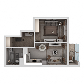 3D планировка 1-комнатной квартиры с номером 50 на 7 этаже, 38.5 кв.м.