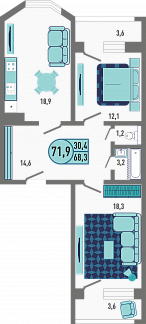 Планировка с размерами 2-комнатной квартиры с номером 154 на 16 этаже, 71.9 кв.м.