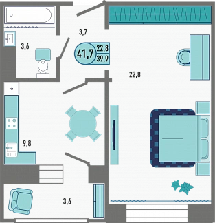 3D планировка 1-комнатной квартиры с номером 165 на 1 этаже, 41.8 кв.м.
