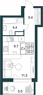 Планировка с размерами 0-комнатной квартиры с номером 269 на 21 этаже, 30.2 кв.м.