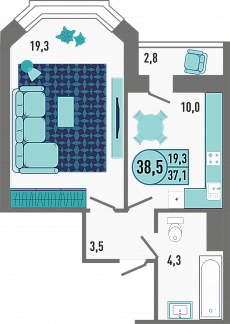 Планировка с размерами 1-комнатной квартиры с номером 174 на 2 этаже, 38.5 кв.м.