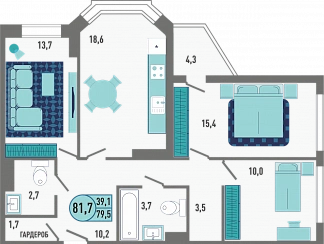 3D планировка 3-комнатной квартиры с номером 1 на 1 этаже, 81.7 кв.м.