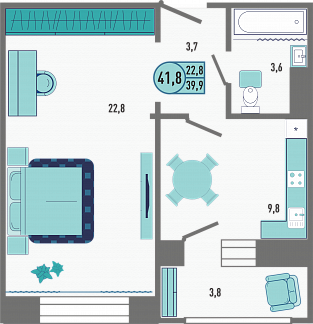 Планировка с размерами 1-комнатной квартиры с номером 165 на 1 этаже, 41.8 кв.м.