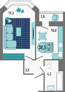 3D планировка 1-комнатной квартиры с номером 167 на 1 этаже, 37.9 кв.м.