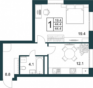 Планировка с размерами 1-комнатной квартиры с номером 15 на 3 этаже, 44.4 кв.м.