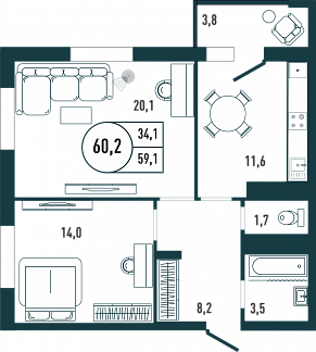Планировка с размерами 2-комнатной квартиры с номером 120 на 16 этаже, 60.2 кв.м.