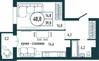 Планировка с размерами 1-комнатной квартиры с номером 23 на 4 этаже, 40 кв.м.