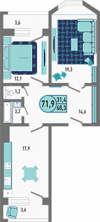 Планировка с размерами 2-комнатной квартиры с номером 65 на 13 этаже, 71.9 кв.м.