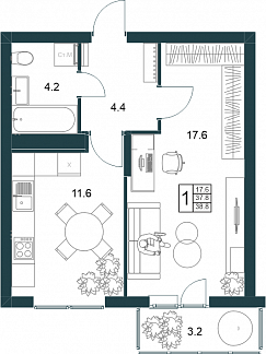 Планировка с размерами 1-комнатной квартиры с номером 281 на 18 этаже, 38.8 кв.м.