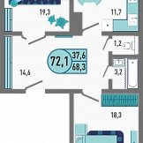 3D планировка 2-комнатной квартиры с номером 163 на 1 этаже, 72.1 кв.м.
