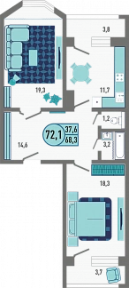 3D планировка 2-комнатной квартиры с номером 163 на 1 этаже, 72.1 кв.м.