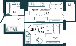 Планировка с размерами 1-комнатной квартиры с номером 19 на 4 этаже, 40.8 кв.м.