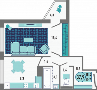 Планировка с размерами 1-комнатной квартиры с номером 167 на 1 этаже, 37.9 кв.м.