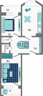 Планировка с размерами 2-комнатной квартиры с номером 91 на 1 этаже, 72.1 кв.м.