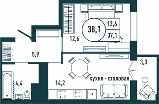 Планировка с размерами 1-комнатной квартиры с номером 178 на 23 этаже, 38.1 кв.м.