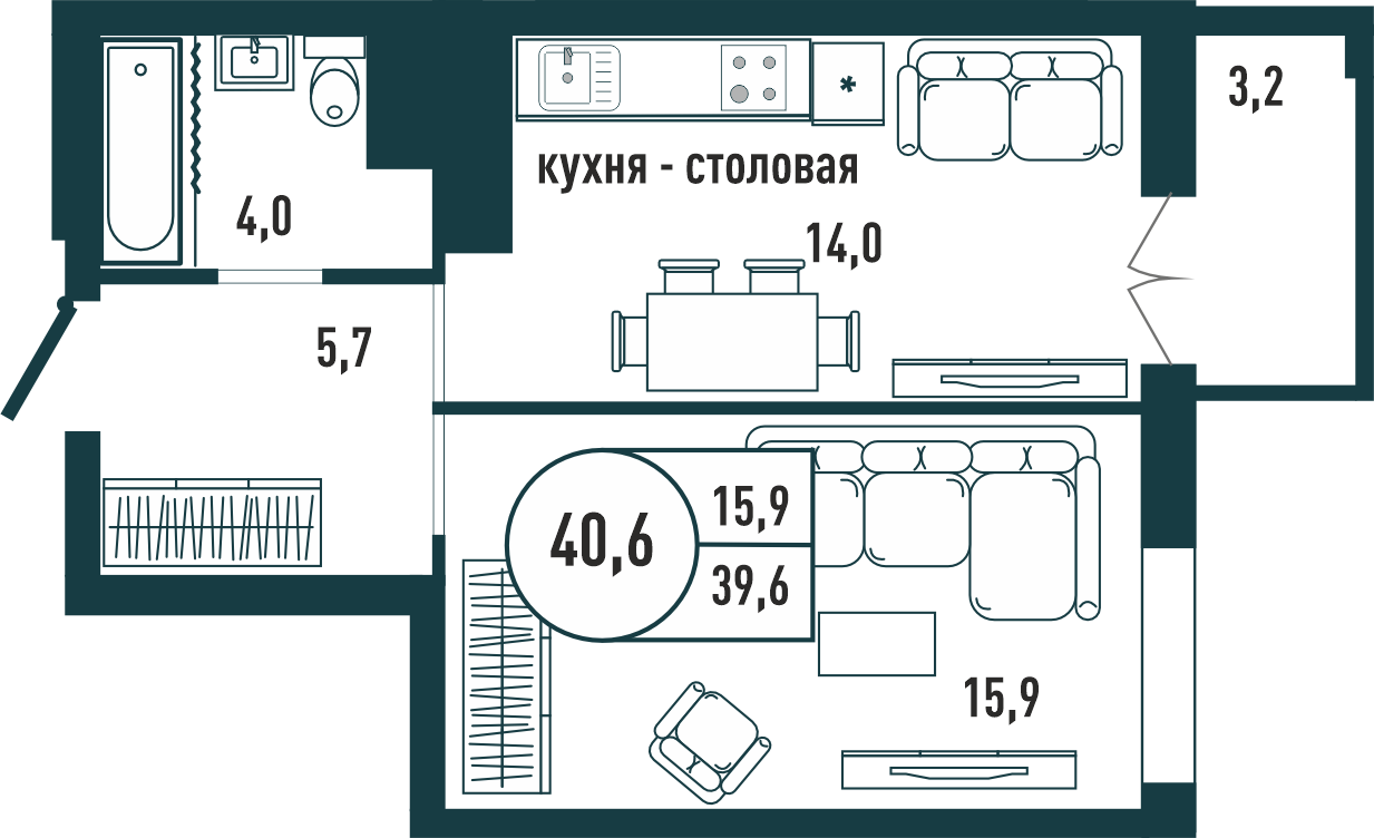 1-комнатная квартира 40.6 м2 – планировка с площадями и расположением мебели