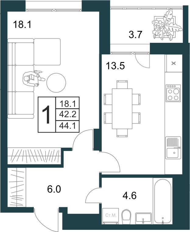 1-комнатная квартира 44.1 м2 – планировка с площадями и расположением мебели