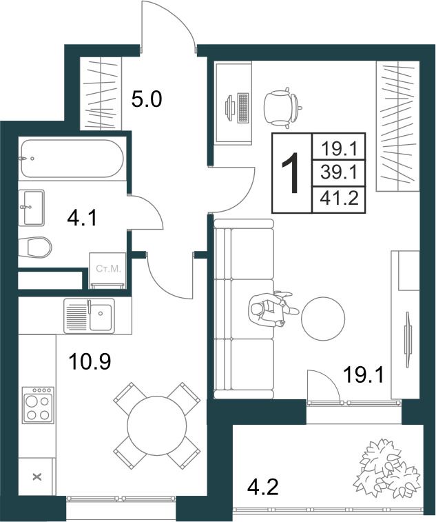 1-комнатная квартира 41.2 м2 – планировка с площадями и расположением мебели