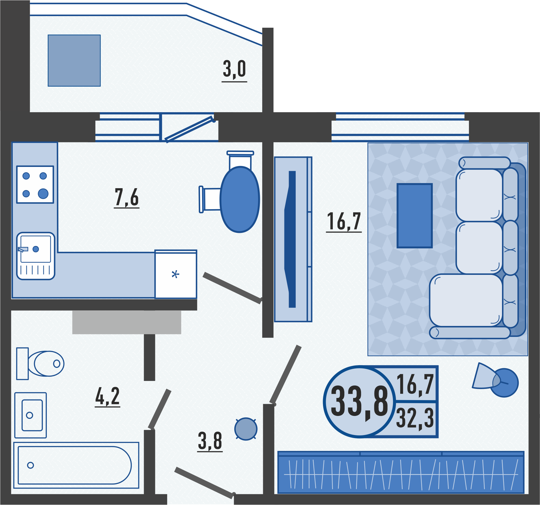 1-комнатная квартира 33.8 м2 – планировка с площадями и расположением мебели
