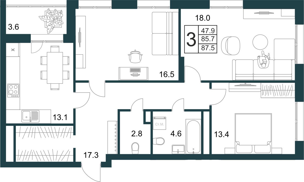 3-комнатная квартира 87.5 м2 – планировка с площадями и расположением мебели