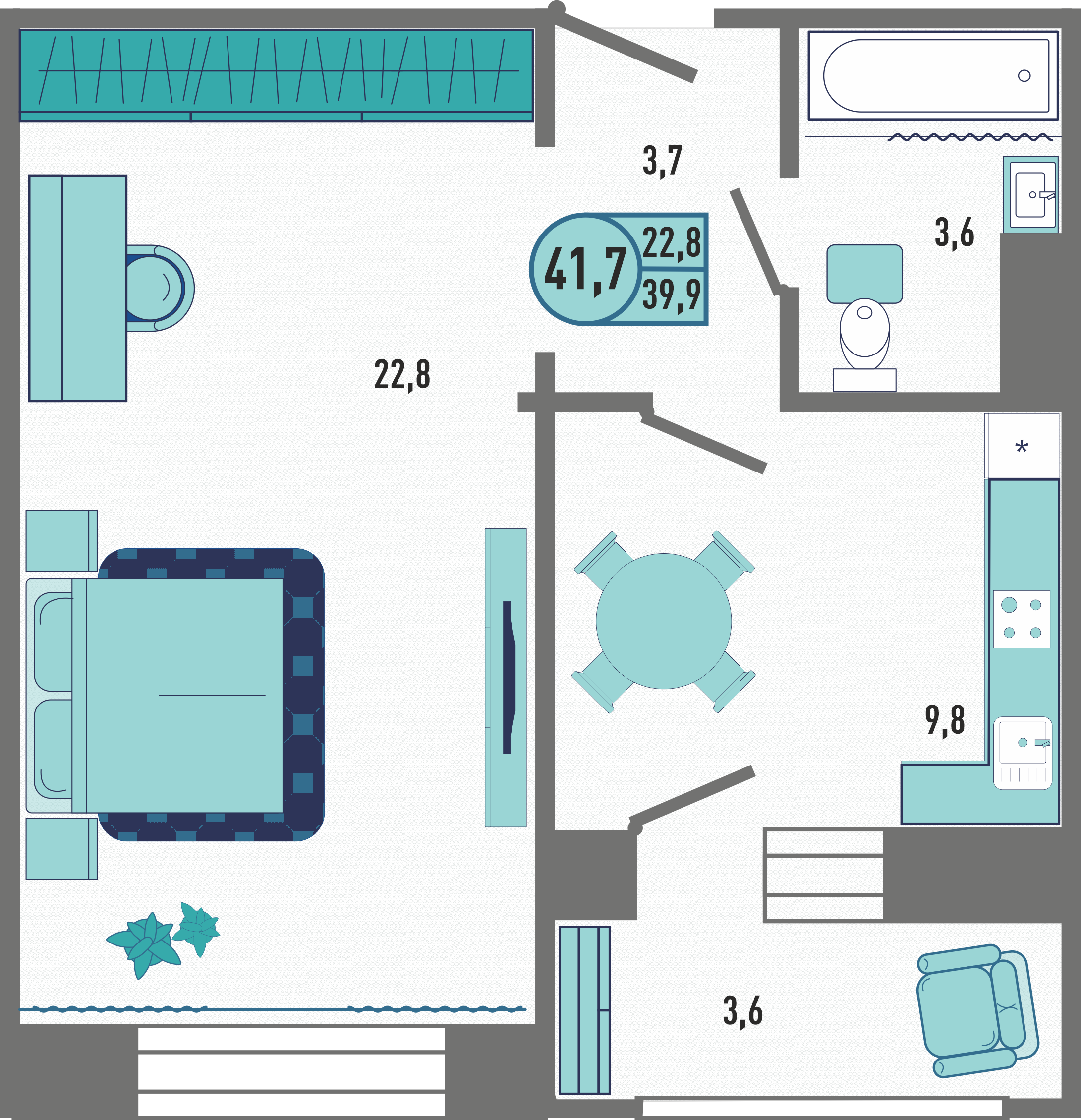 1-комнатная квартира 41.7 м2 – планировка с площадями и расположением мебели