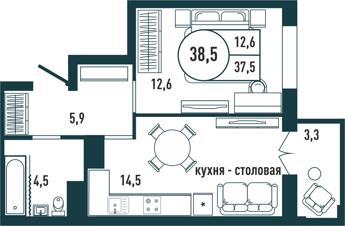 1-комнатная квартира 38.5 м2 – планировка с площадями и расположением мебели