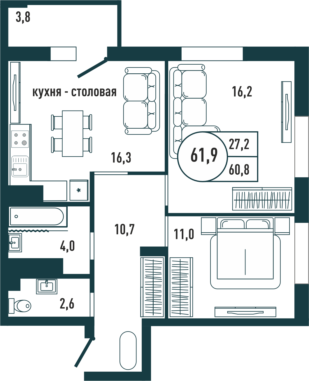 2-комнатная квартира 61.9 м2 – планировка с площадями и расположением мебели