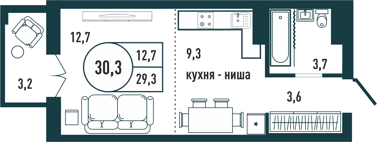 Студия 30.3 м2 – планировка с площадями и расположением мебели