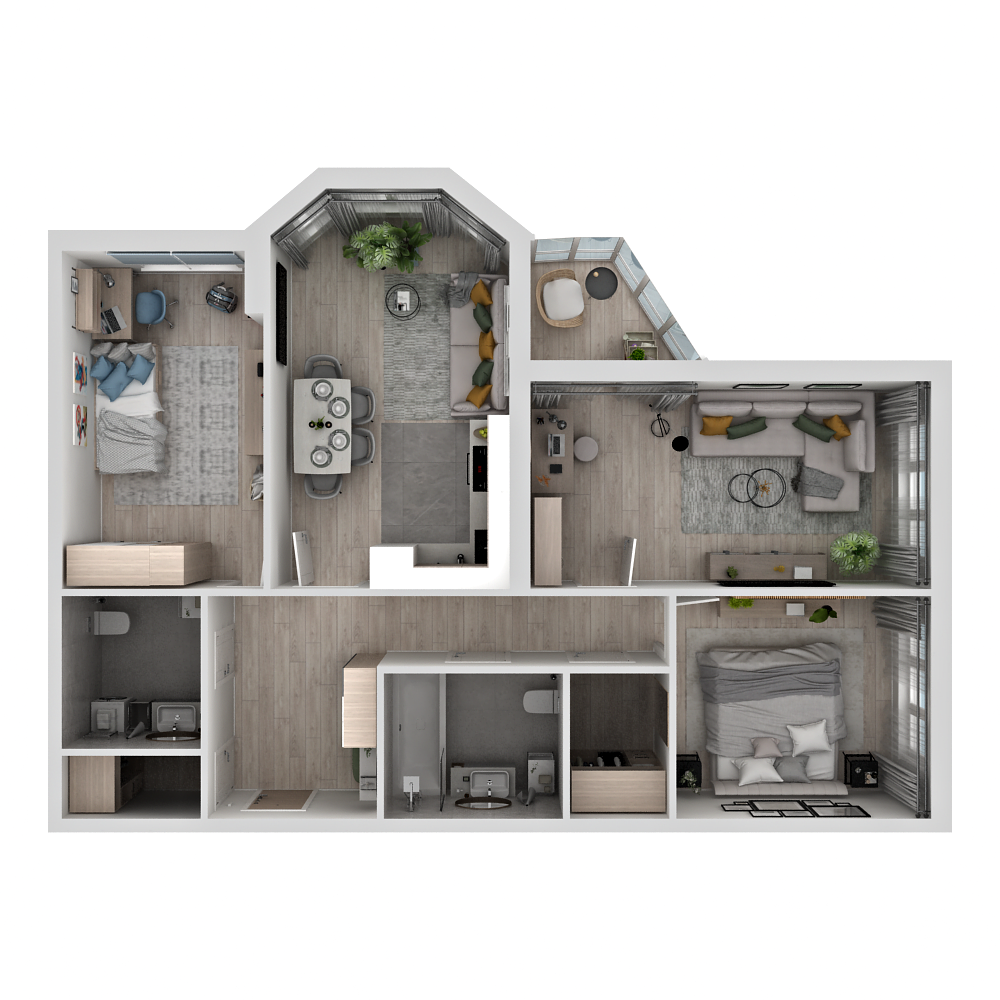 3-комнатная квартира 82 м2 – планировка с площадями и расположением мебели