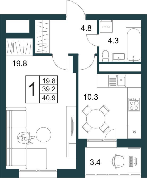 1-комнатная квартира 40.9 м2 – планировка с площадями и расположением мебели