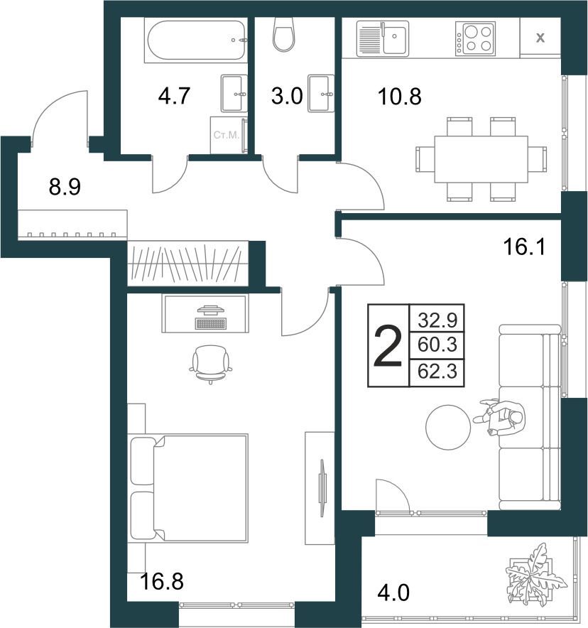 2-комнатная квартира 62.3 м2 – планировка с площадями и расположением мебели