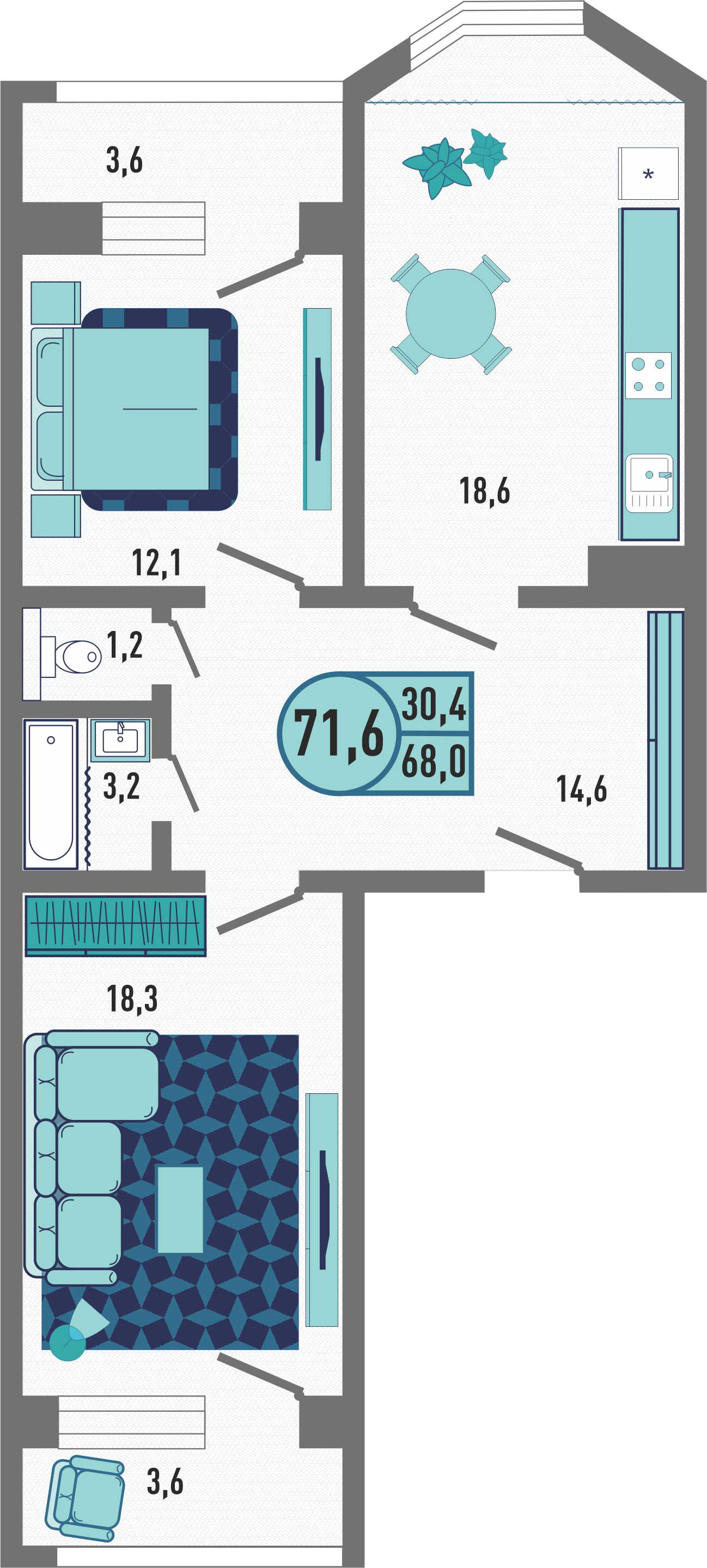 2-комнатная квартира 71.6 м2 – планировка с площадями и расположением мебели