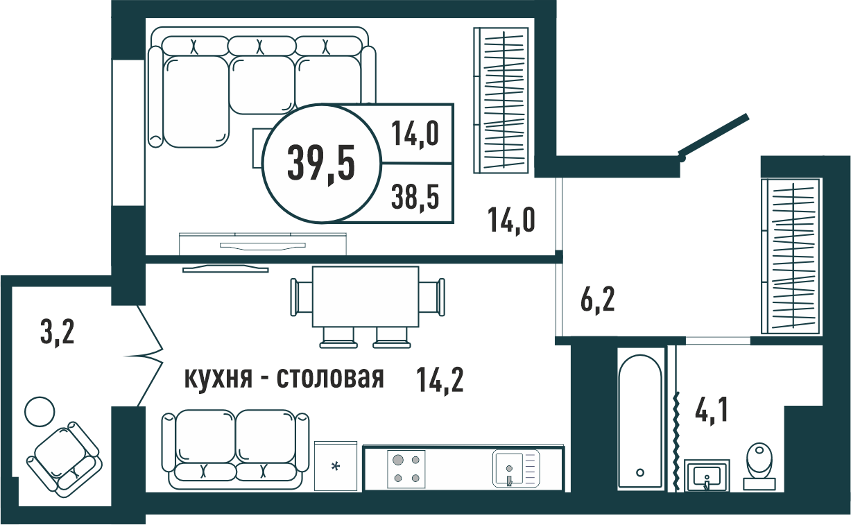 1-комнатная квартира 39.5 м2 – планировка с площадями и расположением мебели