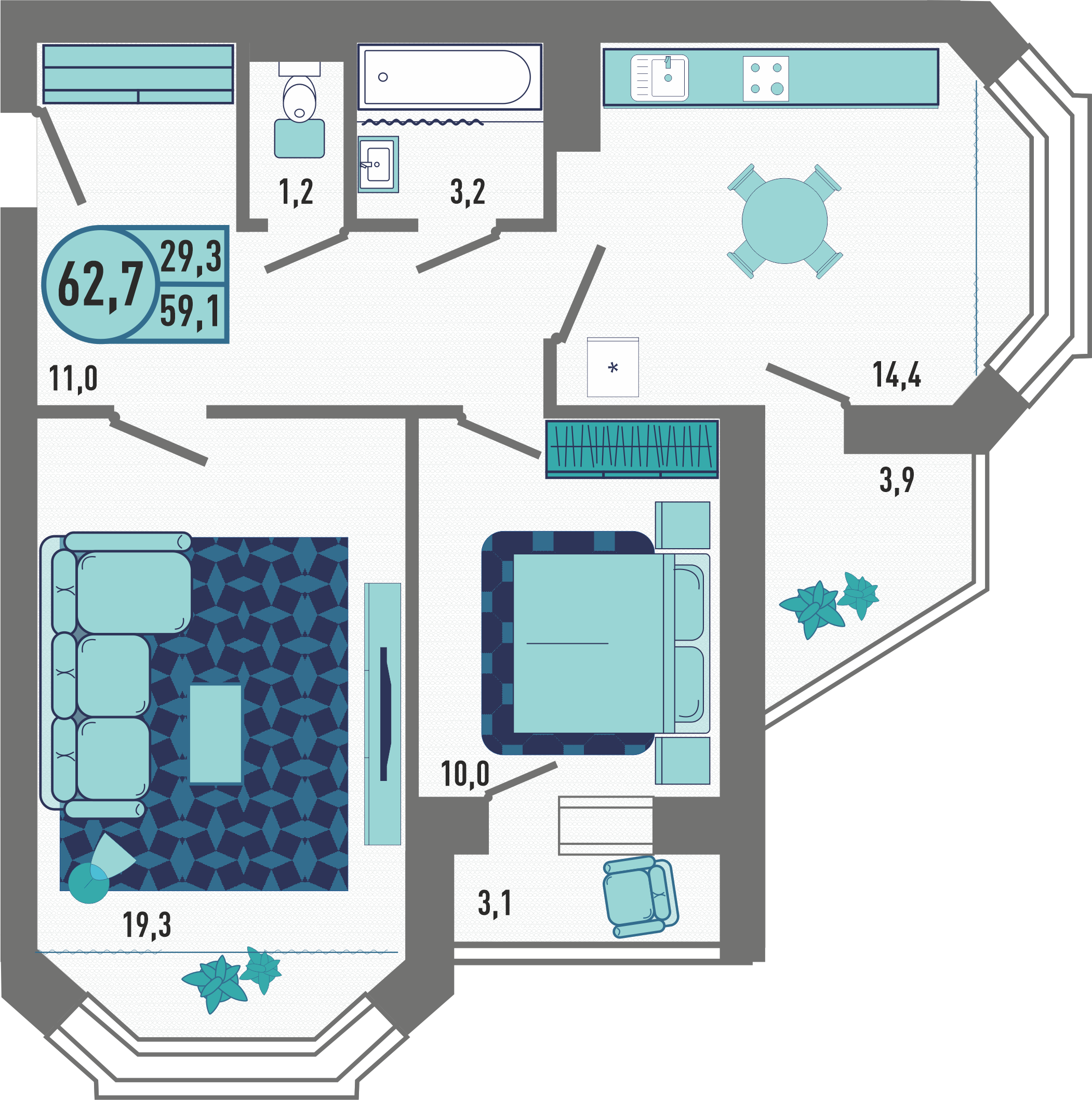 2-комнатная квартира 62.7 м2 – планировка с площадями и расположением мебели