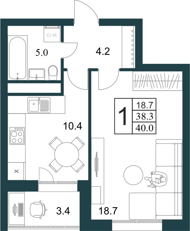 1-комнатная квартира 40 м2 – планировка с площадями и расположением мебели