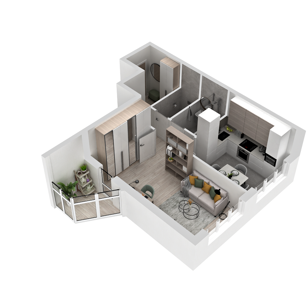 1-комнатная квартира 37.8 м2 – планировка с площадями и расположением мебели