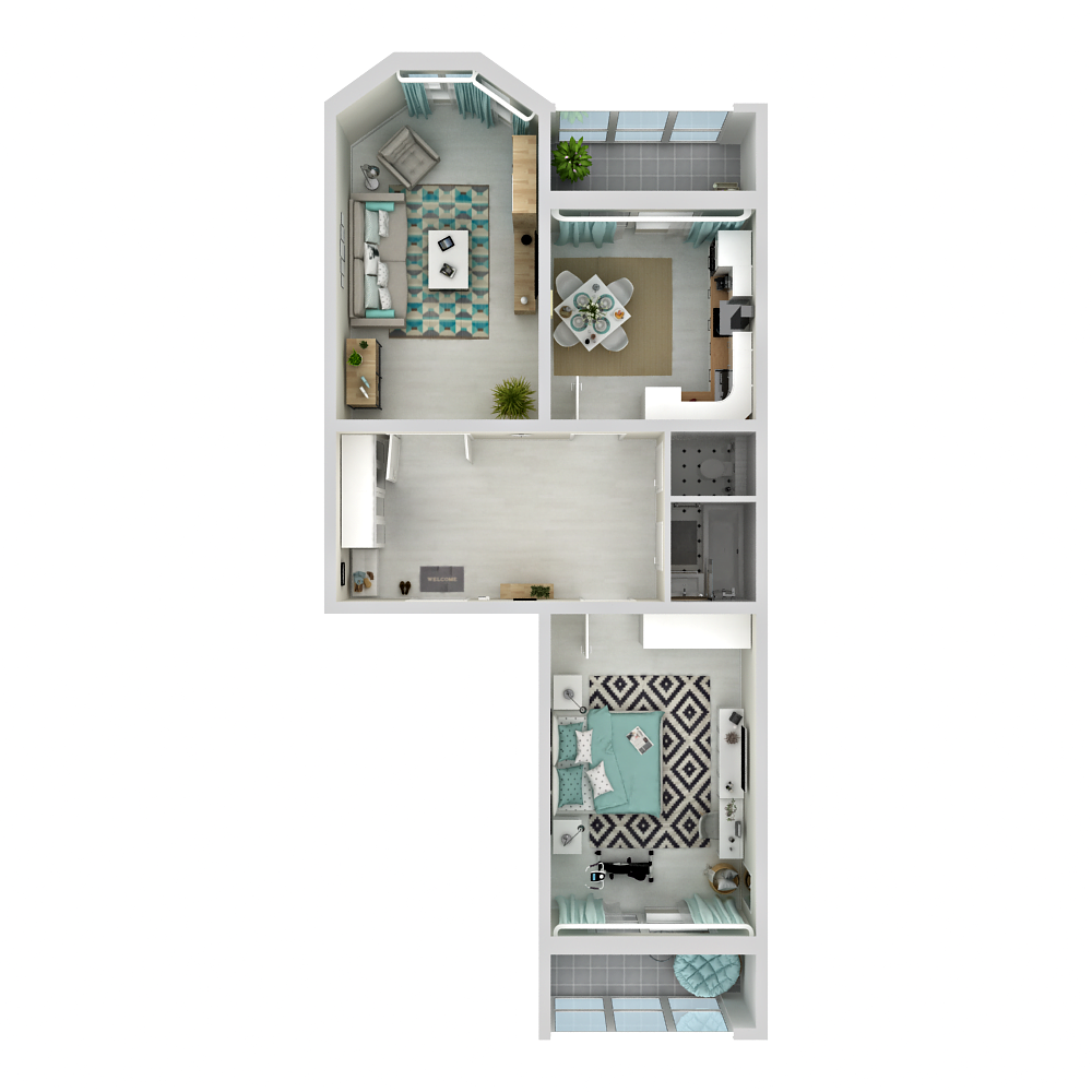 2-комнатная квартира 72.1 м2 – планировка с площадями и расположением мебели