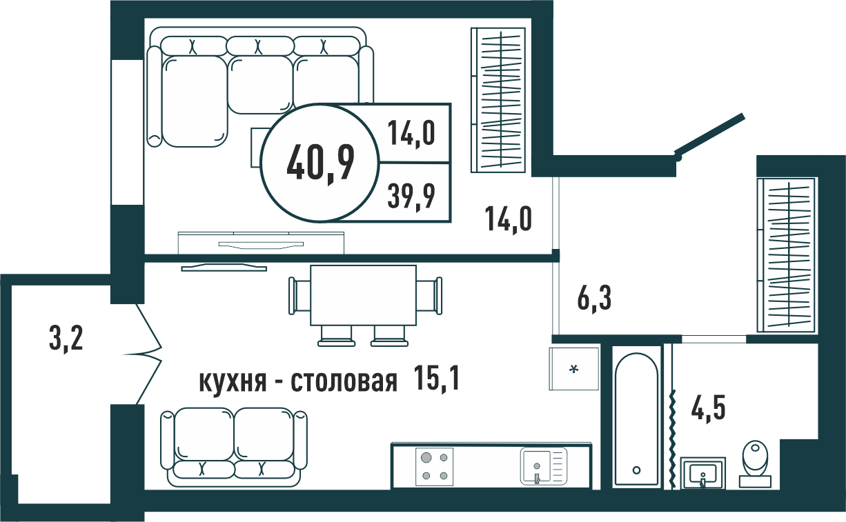 1-комнатная квартира 40.9 м2 – планировка с площадями и расположением мебели