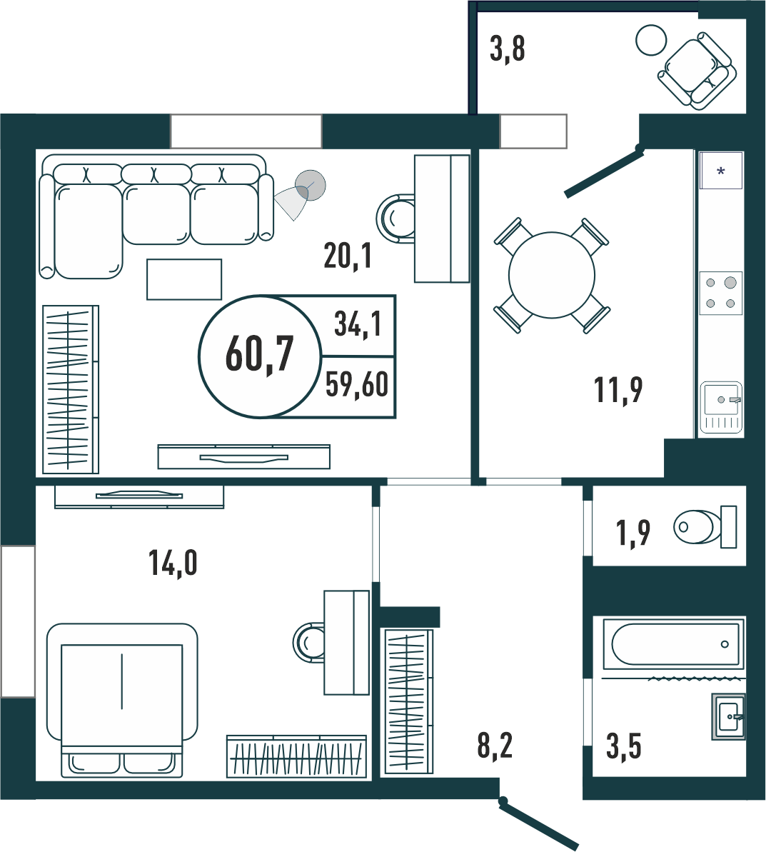 2-комнатная квартира 60.7 м2 – планировка с площадями и расположением мебели