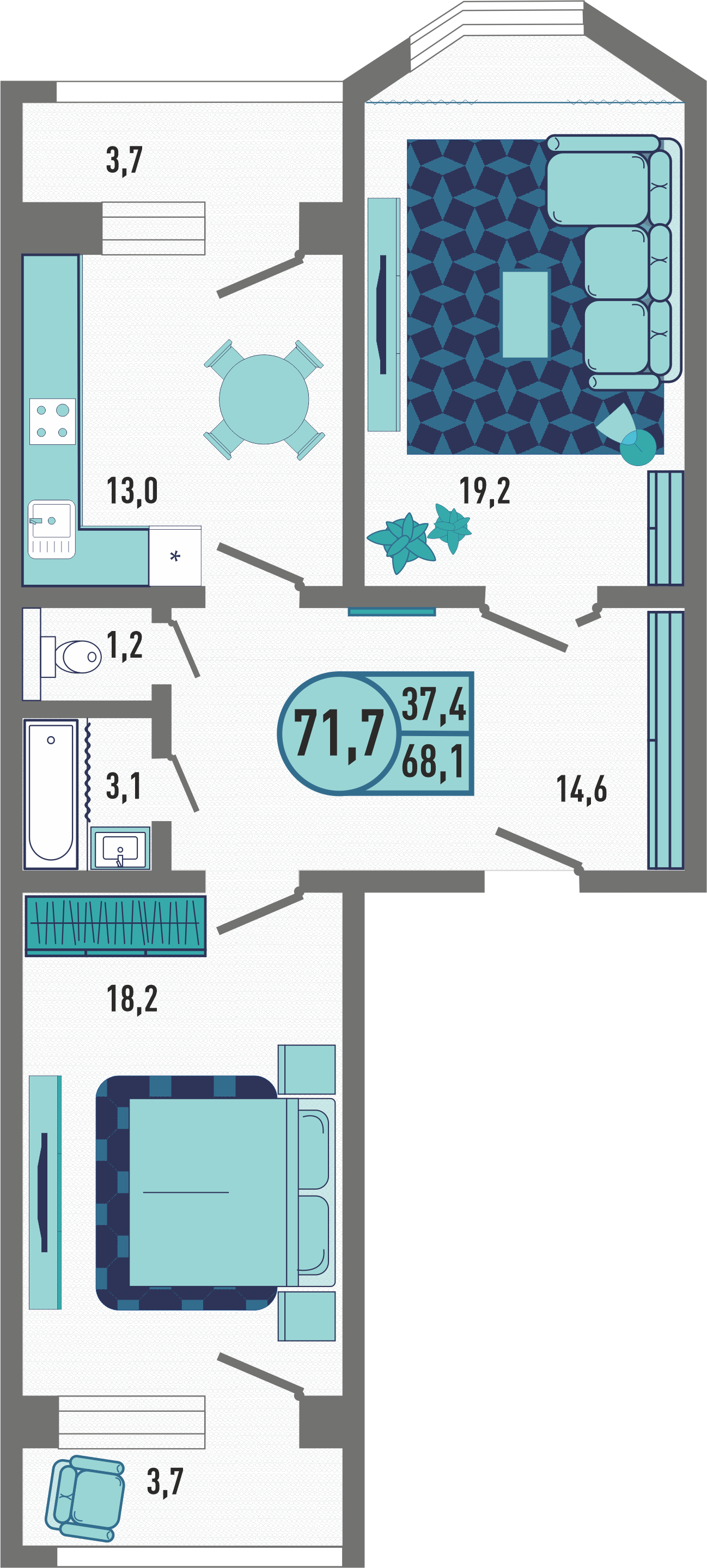 2-комнатная квартира 71.7 м2 – планировка с площадями и расположением мебели