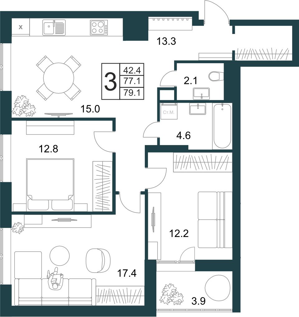 3-комнатная квартира 79.1 м2 – планировка с площадями и расположением мебели