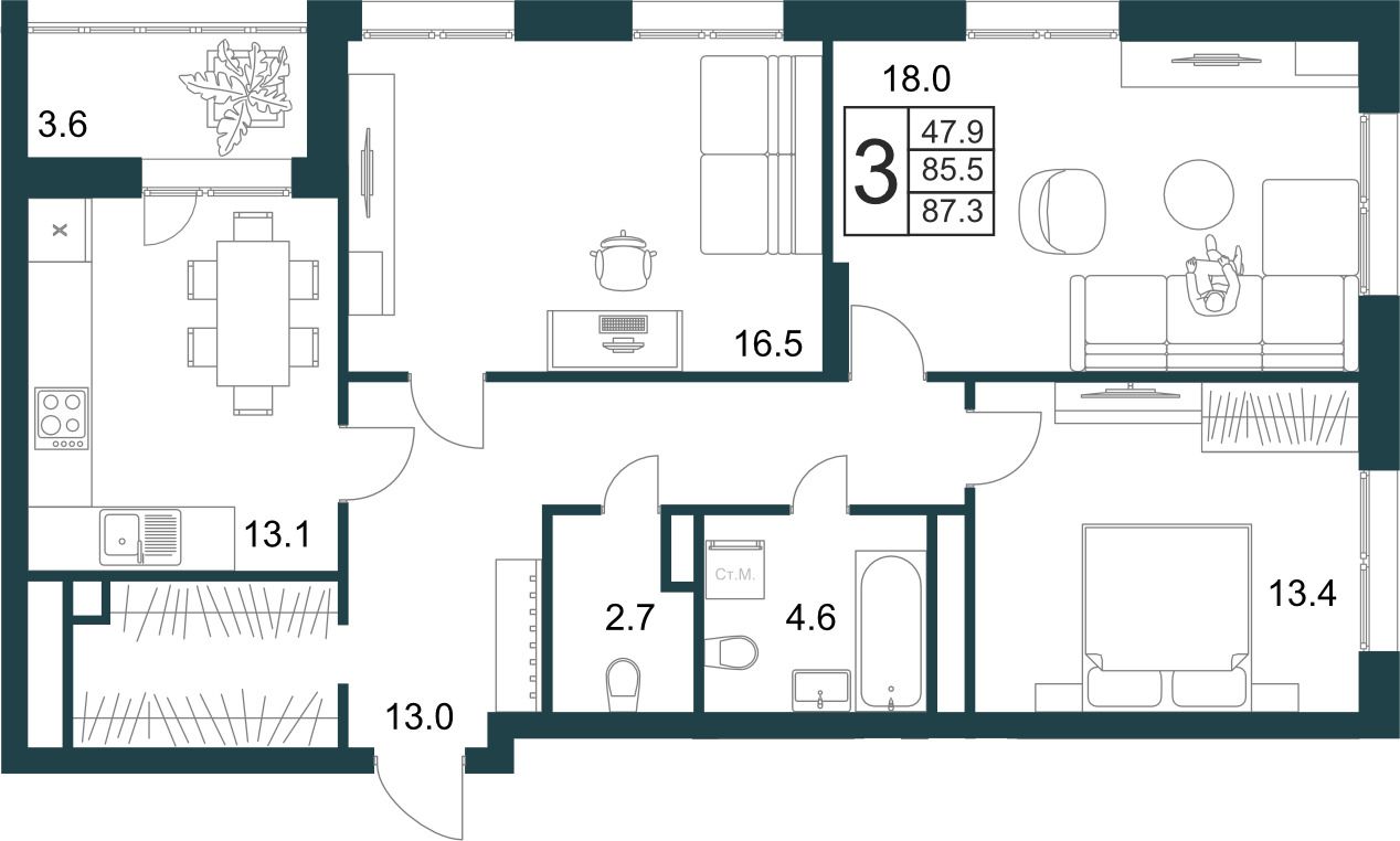 3-комнатная квартира 87.3 м2 – планировка с площадями и расположением мебели