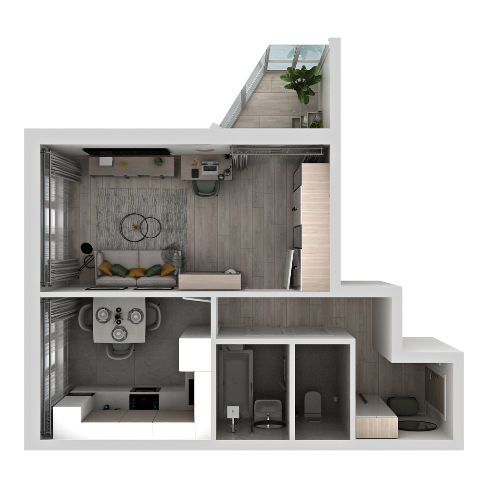 1-комнатная квартира 37.9 м2 – планировка с площадями и расположением мебели