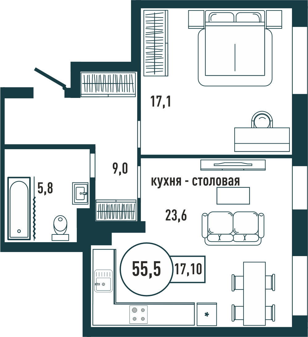 1-комнатная квартира 55.5 м2 – планировка с площадями и расположением мебели