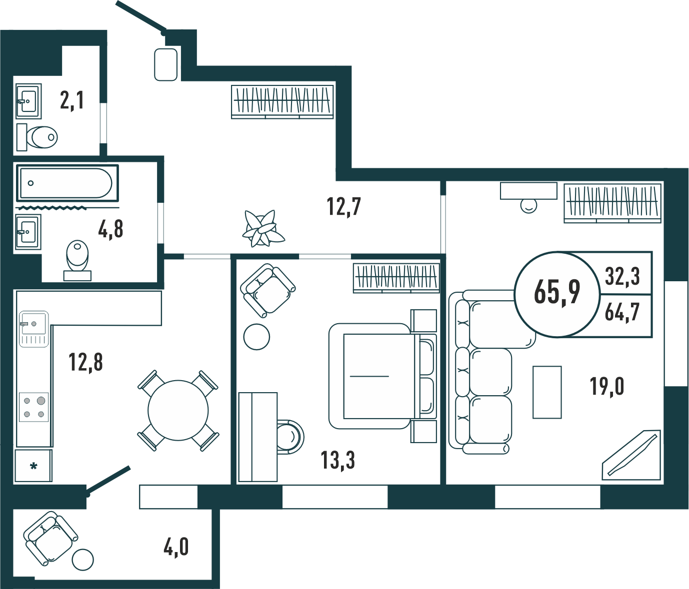 2-комнатная квартира 65.9 м2 – планировка с площадями и расположением мебели