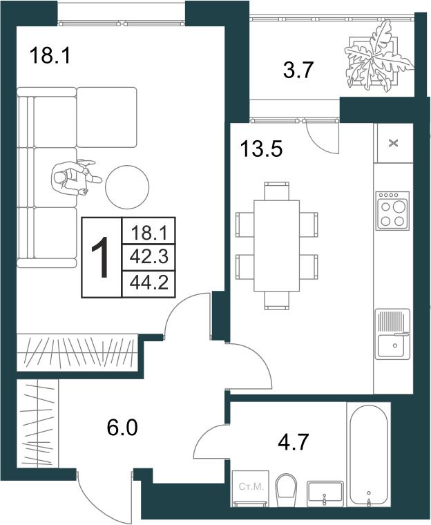 1-комнатная квартира 44.2 м2 – планировка с площадями и расположением мебели