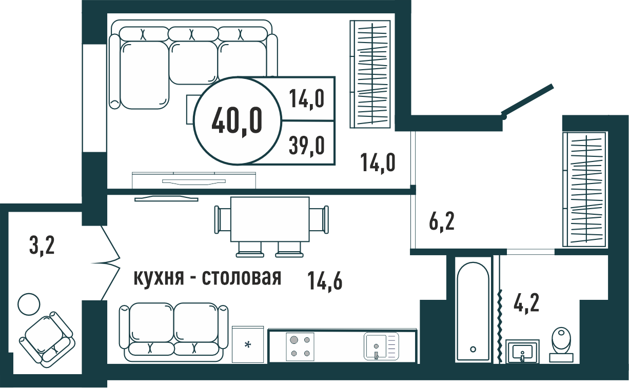 1-комнатная квартира 40 м2 – планировка с площадями и расположением мебели