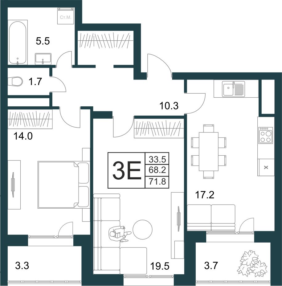 2-комнатная квартира 71.8 м2 – планировка с площадями и расположением мебели